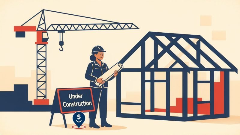 Illustration of a builder beside an Under Construction sign, a house frame, and a tower crane.